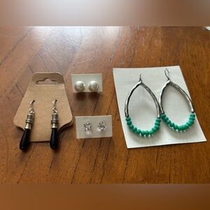 Lot of 2 Stud and 2 Dangly Earrings - Faux Turquoise, Black, Pearl and Sparkly